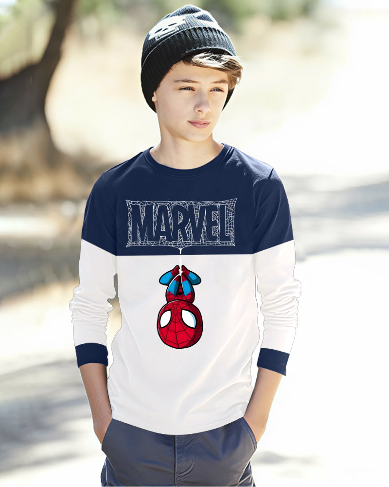 Navy, White Full Spider Sleeve Round Neck Cotton blend Boys T-Shirt