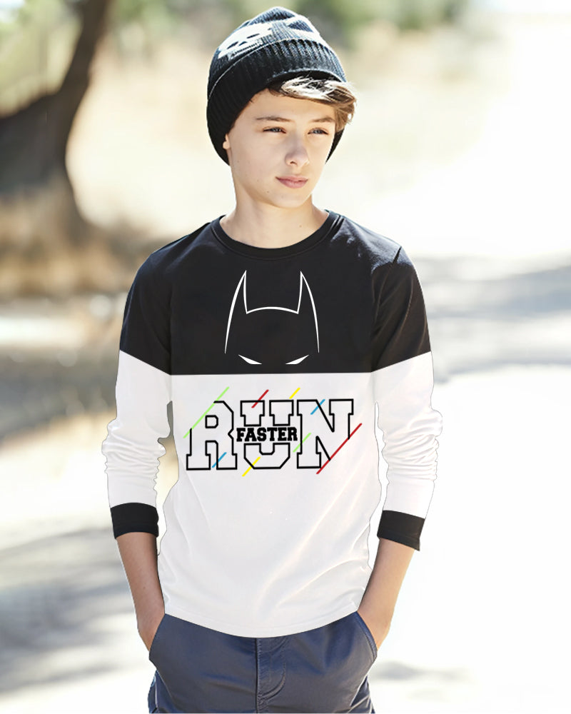 Black, White Full Run Sleeve Round Neck Cotton blend Boys T-Shirt-FRONT