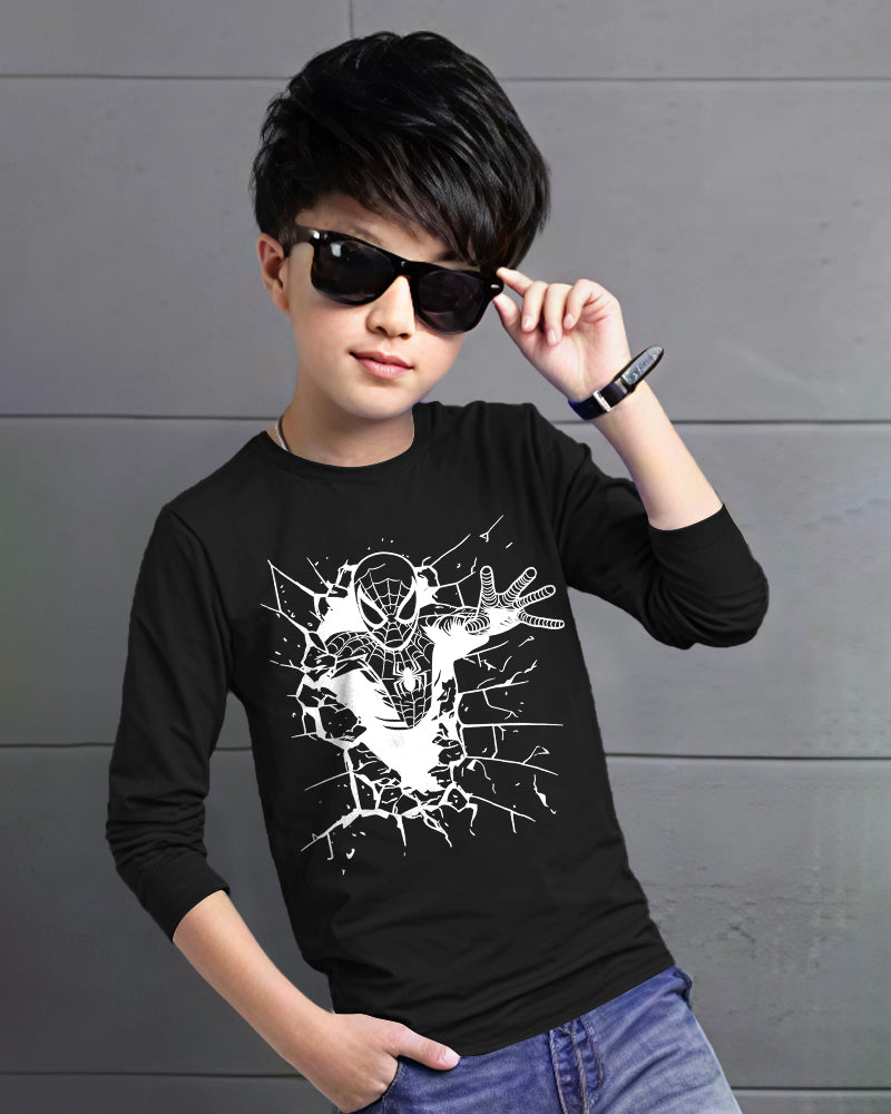 Black Full White Spider Sleeve Round Neck Cotton blend Boys T-Shirt-FRONT