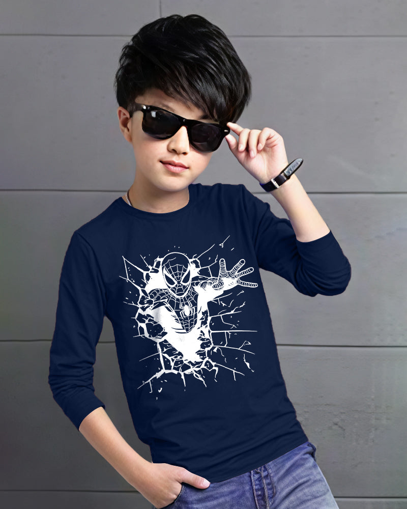Navy Full White Spider Sleeve Round Neck Cotton blend Boys T-Shirt-FRONT