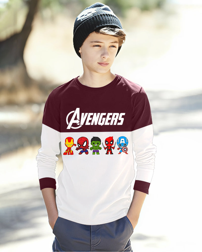 Maroon, White Full AVENGERS Sleeve Round Neck Cotton blend Boys T-Shirt-FRONT