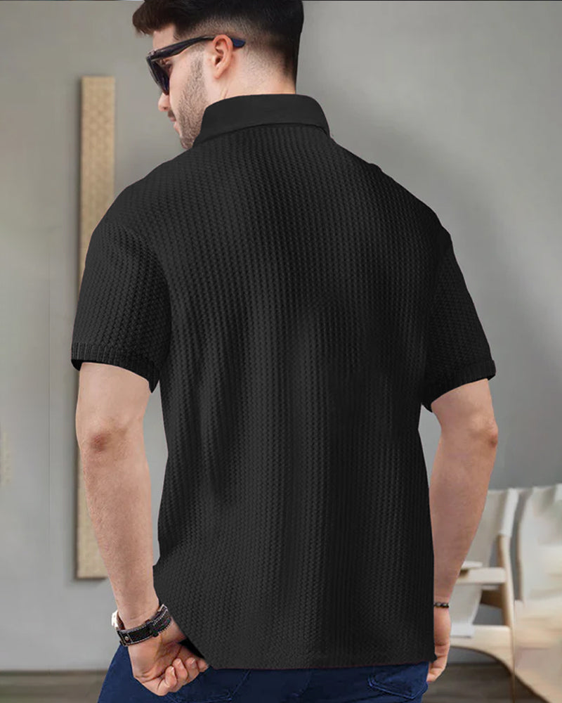 Chicago Black Half Zippered Collared Waffle Men's T-Shirt-BACK