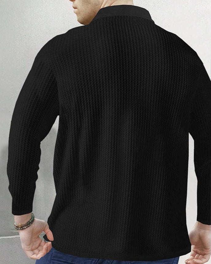Dream Black Full Sleeve Zippered Collared Waffle Men's T-Shirt-BACK