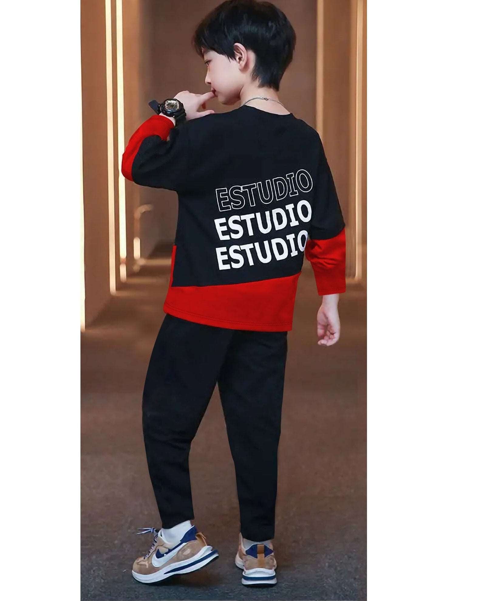 ColorBlocked Black Red Printed Boys Apparel Top and Bottom Set - FastColors