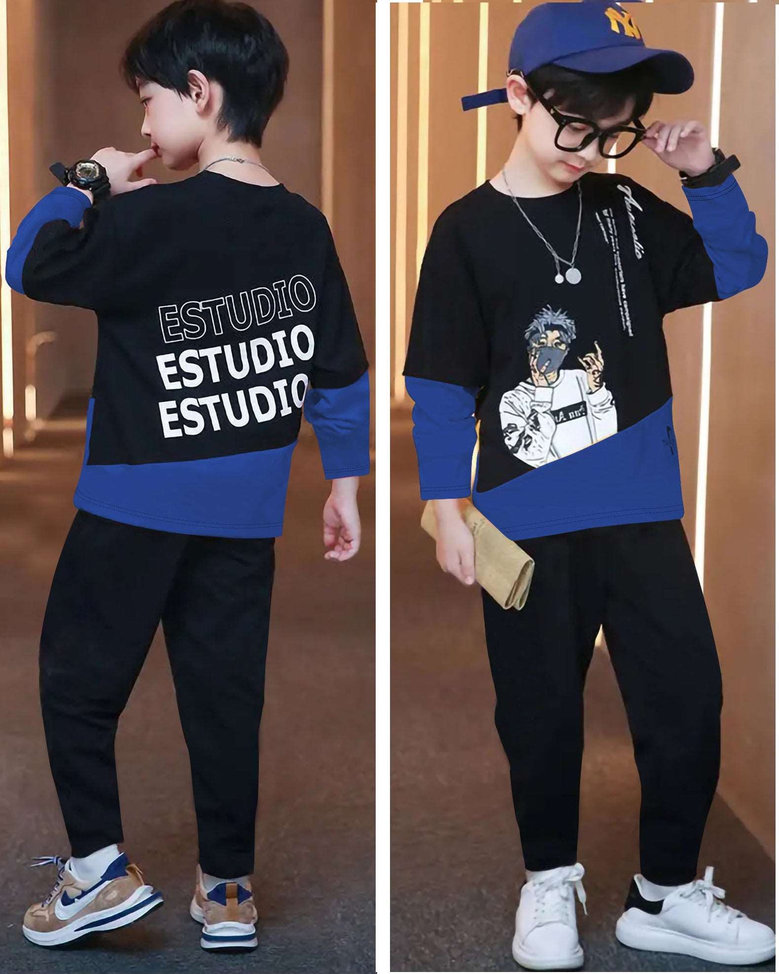 Color Blocked Black Blue Printed Boys Apparel Top and Bottom Set - FastColors