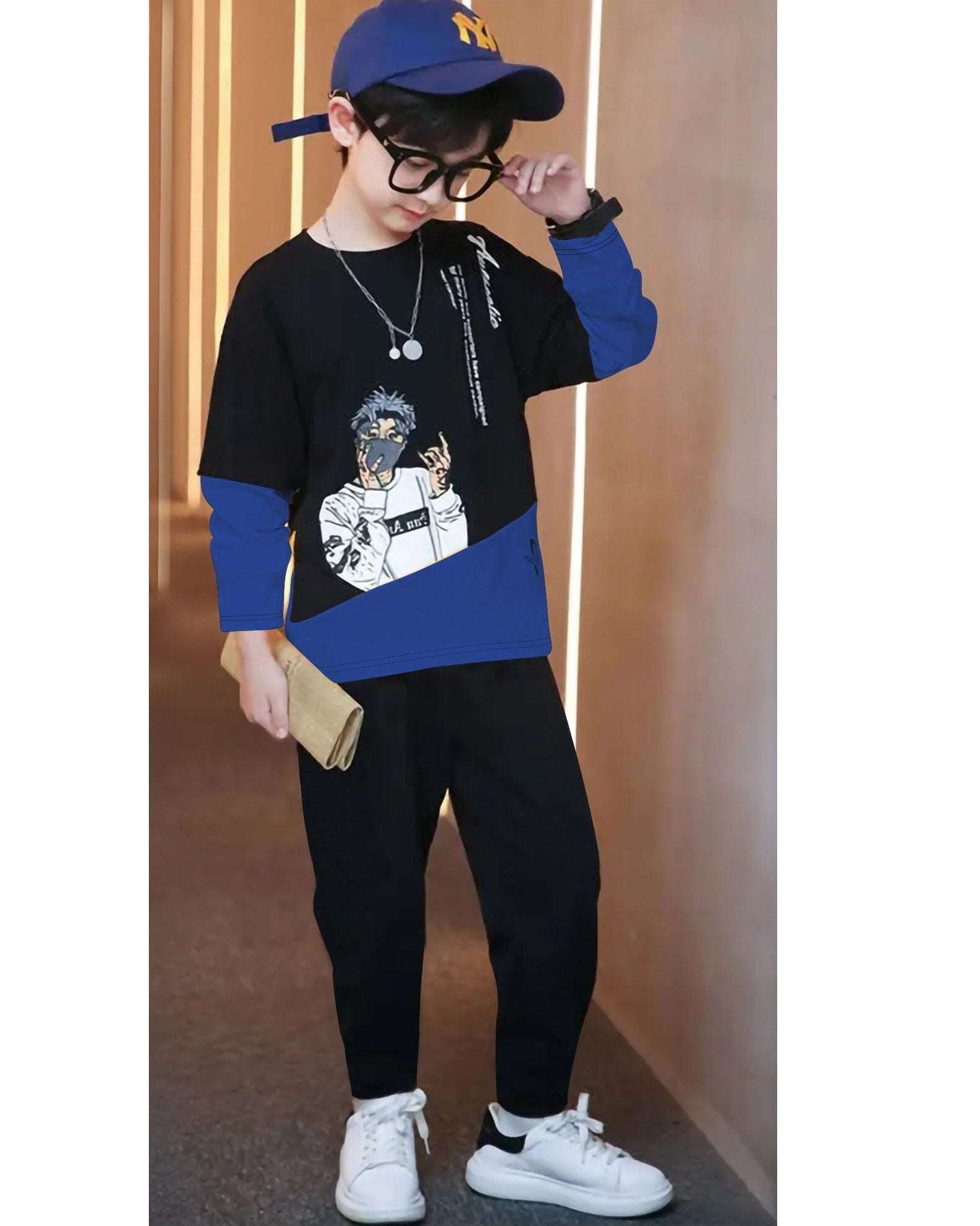 Color Blocked Black Blue Printed Boys Apparel Top and Bottom Set - FastColors