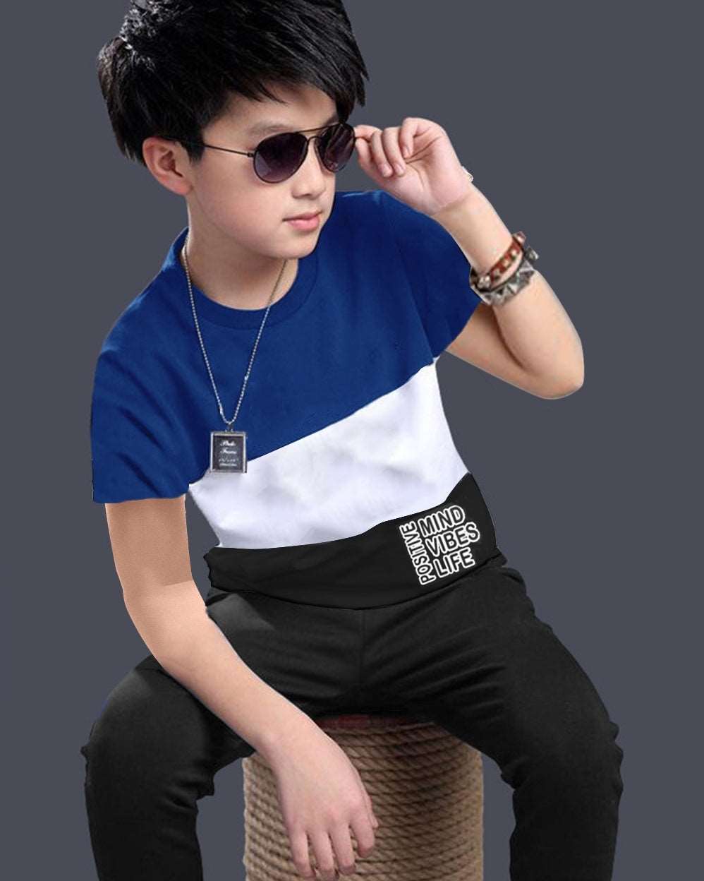 Color Blocked Tri Color Half Sleeve Boys Apparel Top and Bottom Set - FastColors