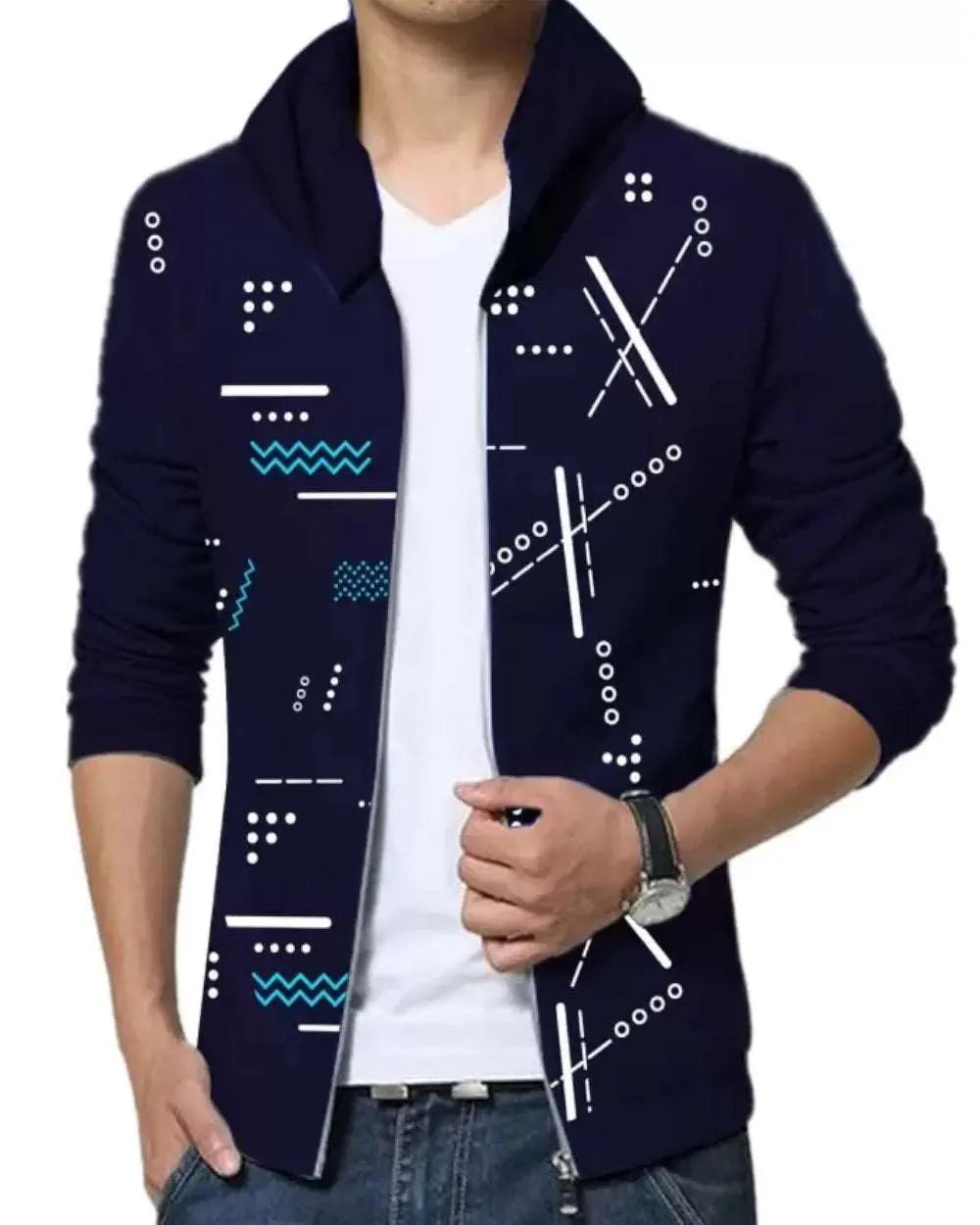 Full Sleeve Navy Blue All Over Printed Men Jacket - FastColors