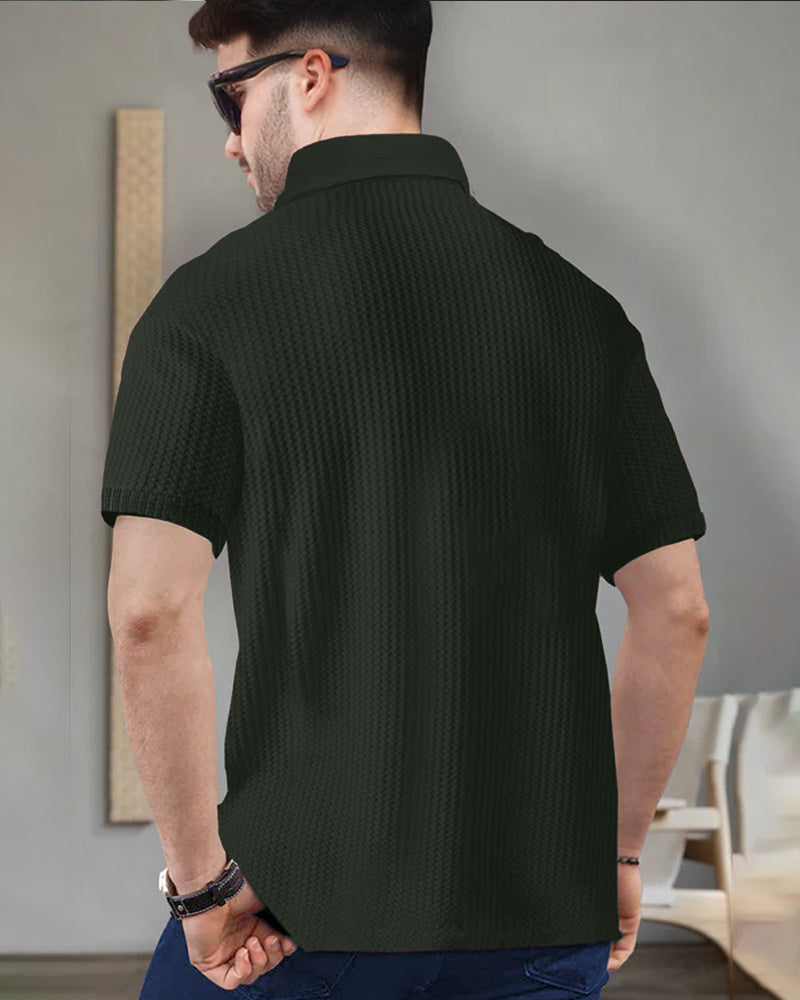 Green Half Zippered Collared Waffle Men's T-Shirt-BACK