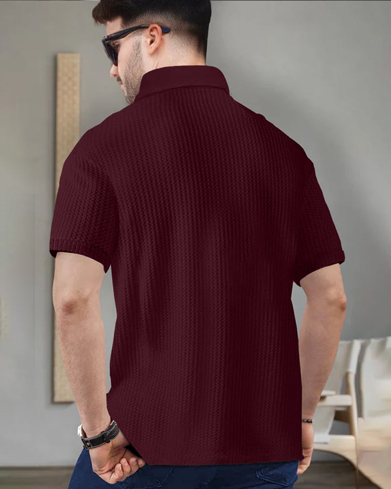 Dream Maroon Half Zippered Collared Waffle Men's T-Shirt-BACK