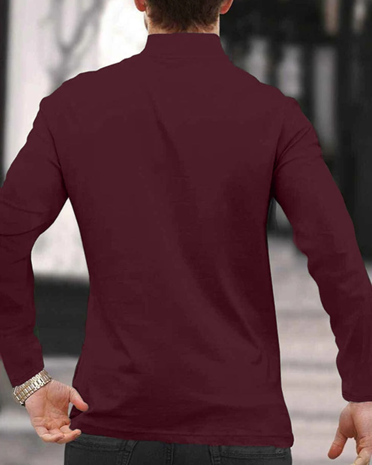 King Maroon Half Zippered High Neck Full Sleeve Men's T-Shirt-BACK