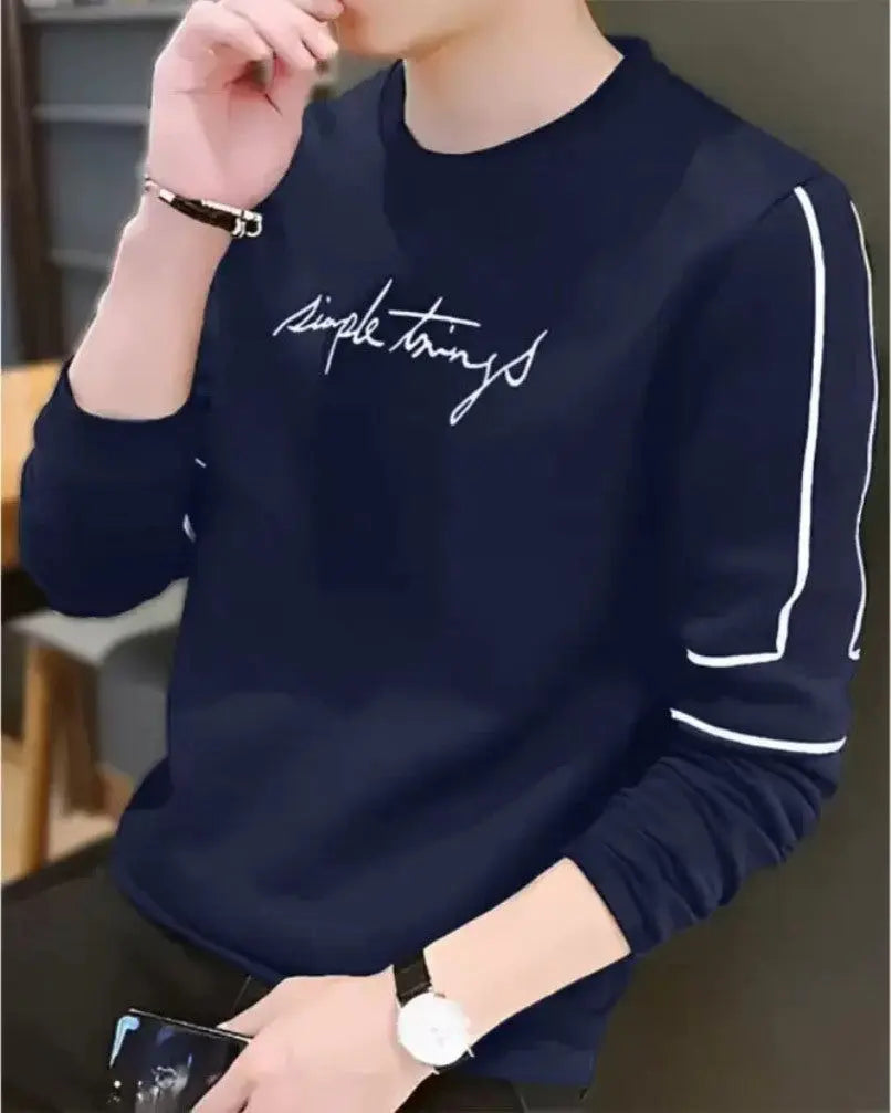 Navy Blue Round Neck Long Sleeve Printed Tshirt - FastColors