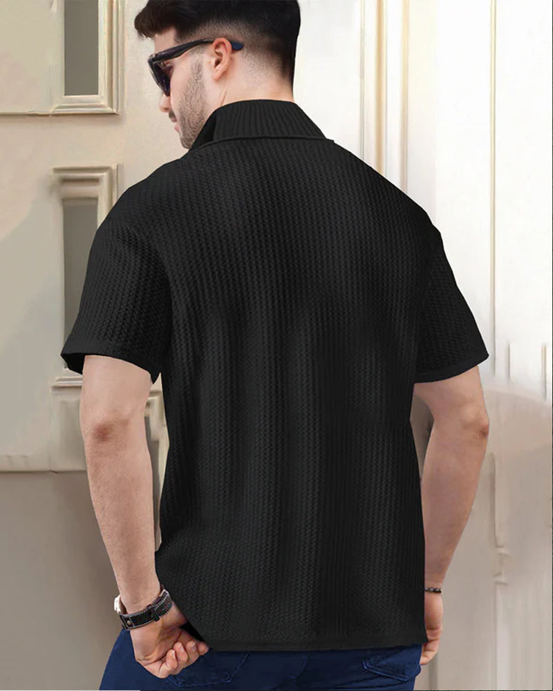 Los Angeles Black Half Zippered High Neck Waffle Men's T-Shirt-BACK