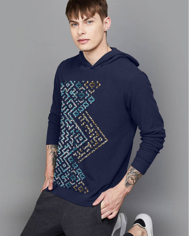 NAVY Hooded Polka Sleeve Round Neck Cotton blend Men's T-Shirt-FRONT