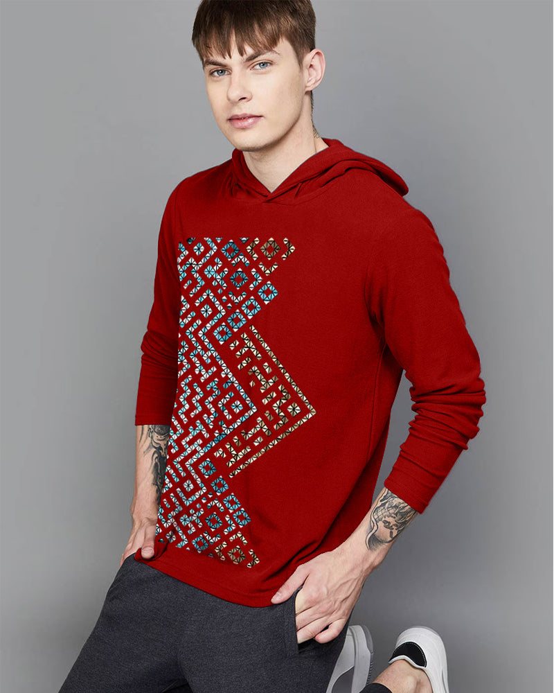 RED Hooded Polka Sleeve Round Neck Cotton blend Men's T-Shirt-FRONT