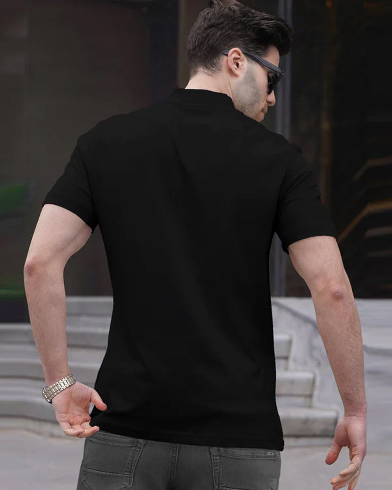 NYC Small small Black Half Zippered High Neck Small Sleeve Men's T-Shirt-BACK