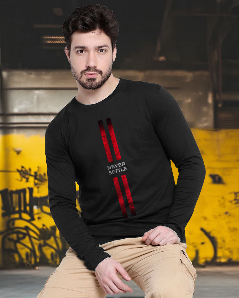 Black Full Never Settle Sleeve Round Neck Cotton blend Men's T-Shirt-FRONT