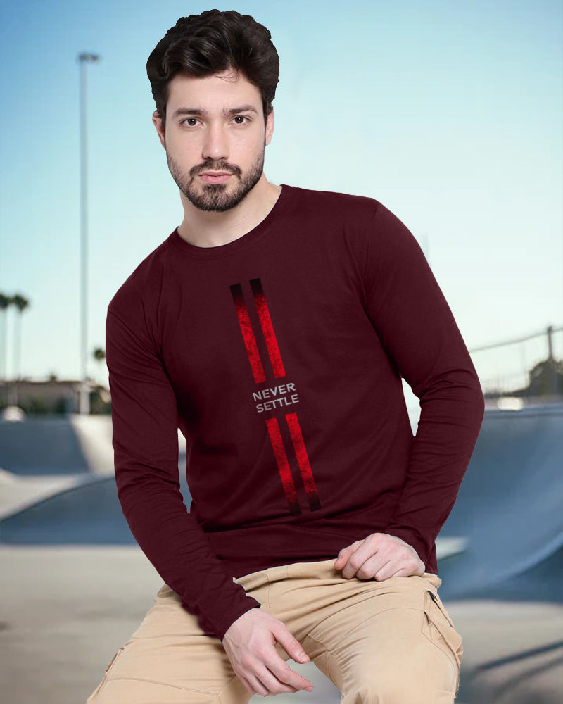 Maroon Full Never Settle Sleeve Round Neck Cotton blend Men's T-Shirt-FRONT