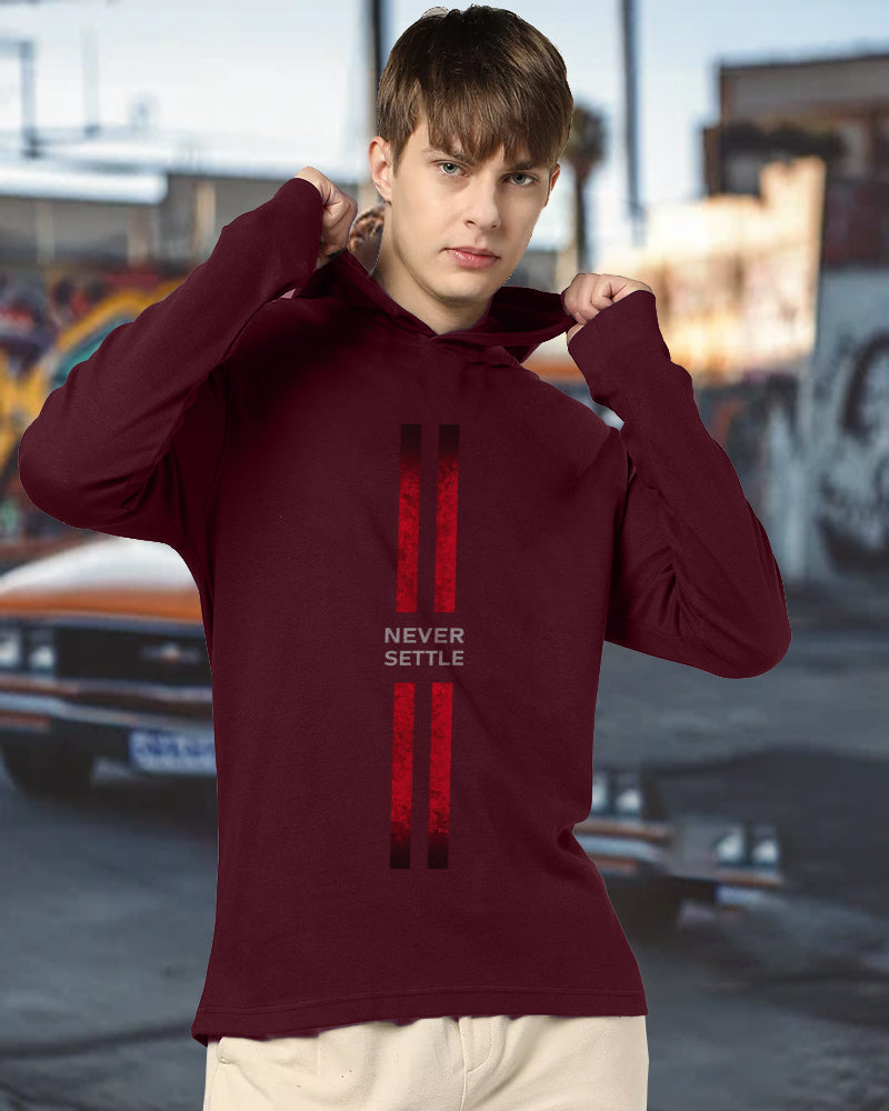 Maroon Hooded Never Settle Sleeve Round Neck Cotton blend Men's T-Shirt-FRONT