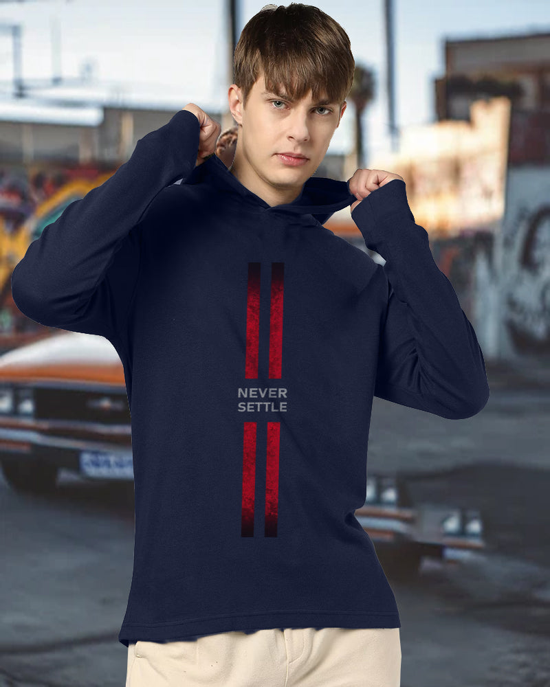 NAVY Hooded Never Settle Sleeve Round Neck Cotton blend Men's T-Shirt-FRONT