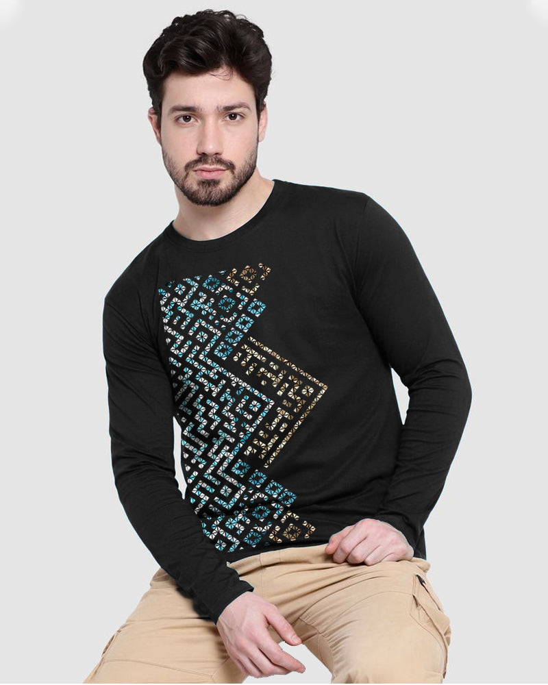 Black Full Polka Sleeve Round Neck Cotton blend Men's T-Shirt-FRONT
