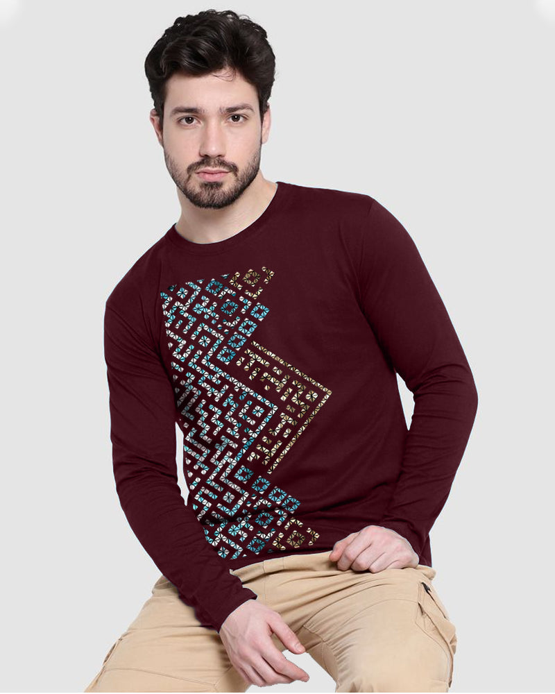 Maroon Full Polka Sleeve Round Neck Cotton blend Men's T-Shirt-FRONT