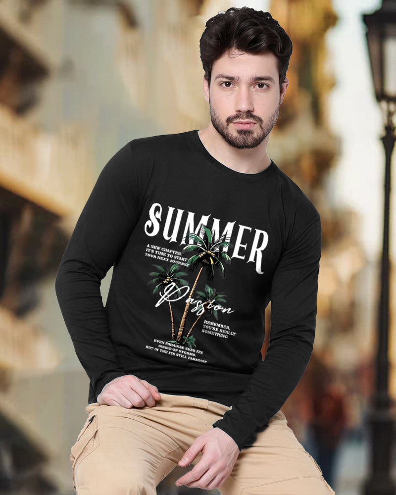 Black Full Summer Sleeve Round Neck Cotton blend Men's T-Shirt-FRONT