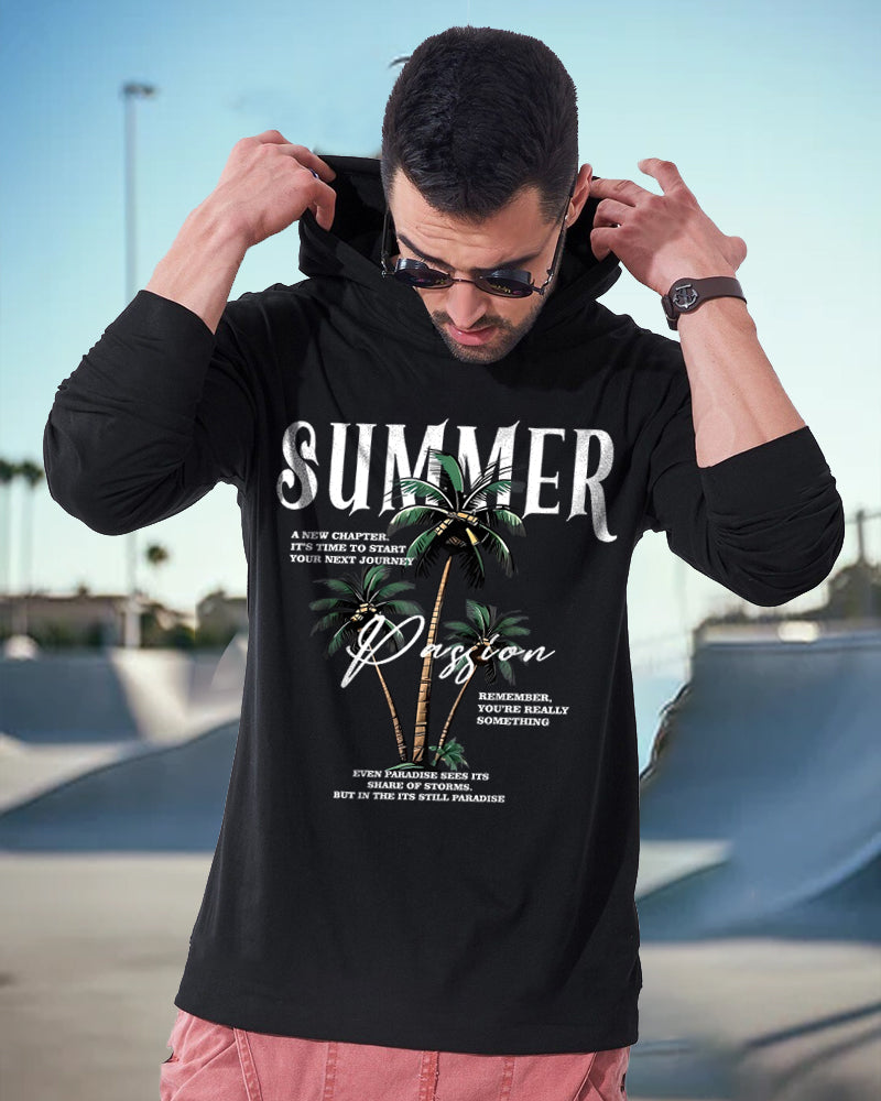 Black Hooded Summer Sleeve Round Neck Cotton blend Men's T-Shirt-FRONT