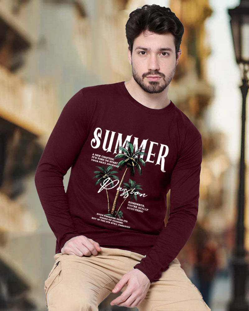 Maroon Full Summer Sleeve Round Neck Cotton blend Men's T-Shirt-FRONT