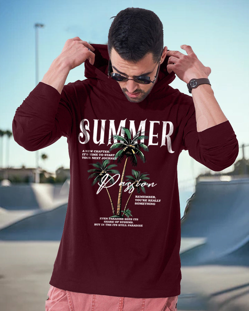 Maroon Hooded Summer Sleeve Round Neck Cotton blend Men's T-Shirt-FRONT