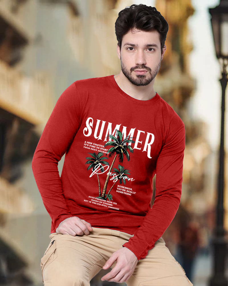 RED Full Summer Sleeve Round Neck Cotton blend Men's T-Shirt-FRONT