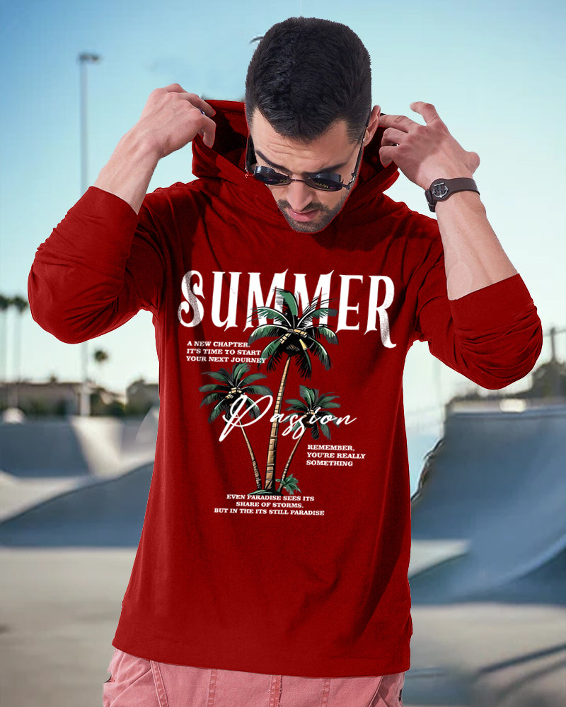 RED Hooded Summer Sleeve Round Neck Cotton blend Men's T-Shirt-FRONT