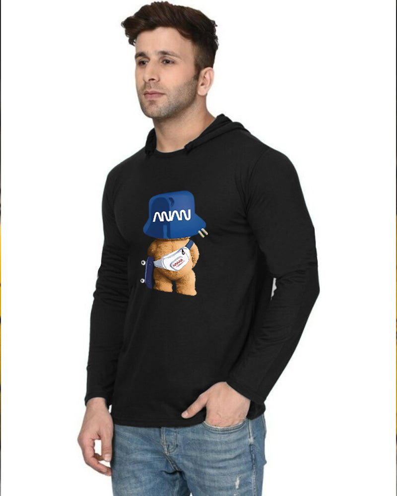 Black Hooded ANAN Sleeve Round Neck Cotton blend Men's T-Shirt-FRONT