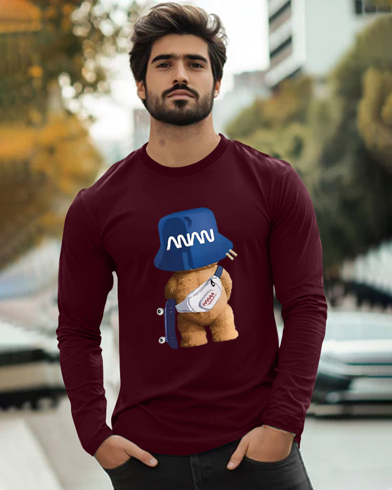 Maroon Full ANAN Sleeve Round Neck Cotton blend Men's T-Shirt-FRONT