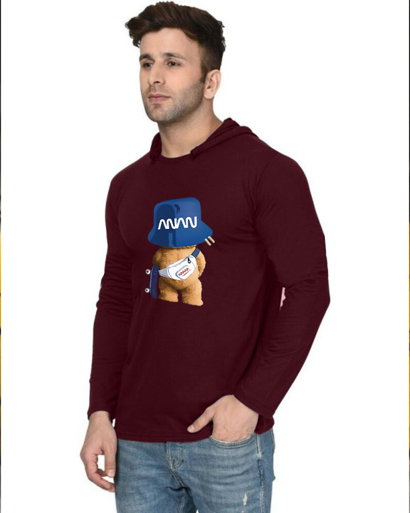 Maroon Hooded ANAN Sleeve Round Neck Cotton blend Men's T-Shirt-FRONT