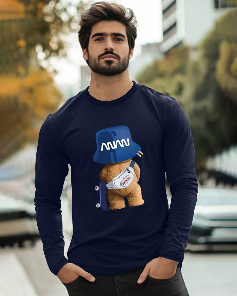 NAVY Full ANAN Sleeve Round Neck Cotton blend Men's T-Shirt-FRONT