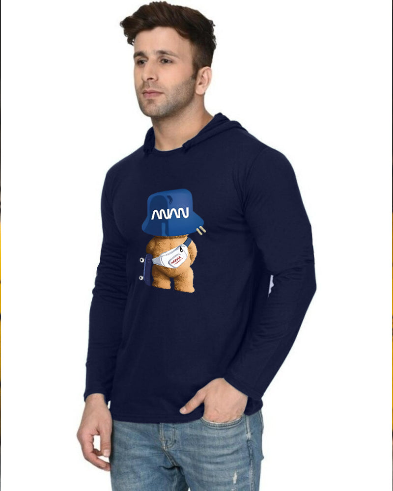 NAVY Hooded ANAN Sleeve Round Neck Cotton blend Men's T-Shirt-FRONT