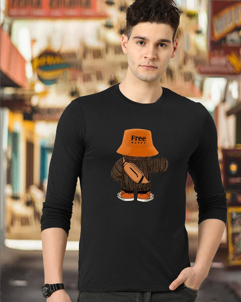 Black Full Free Happy Sleeve Round Neck Cotton blend Men's T-Shirt-FRONT