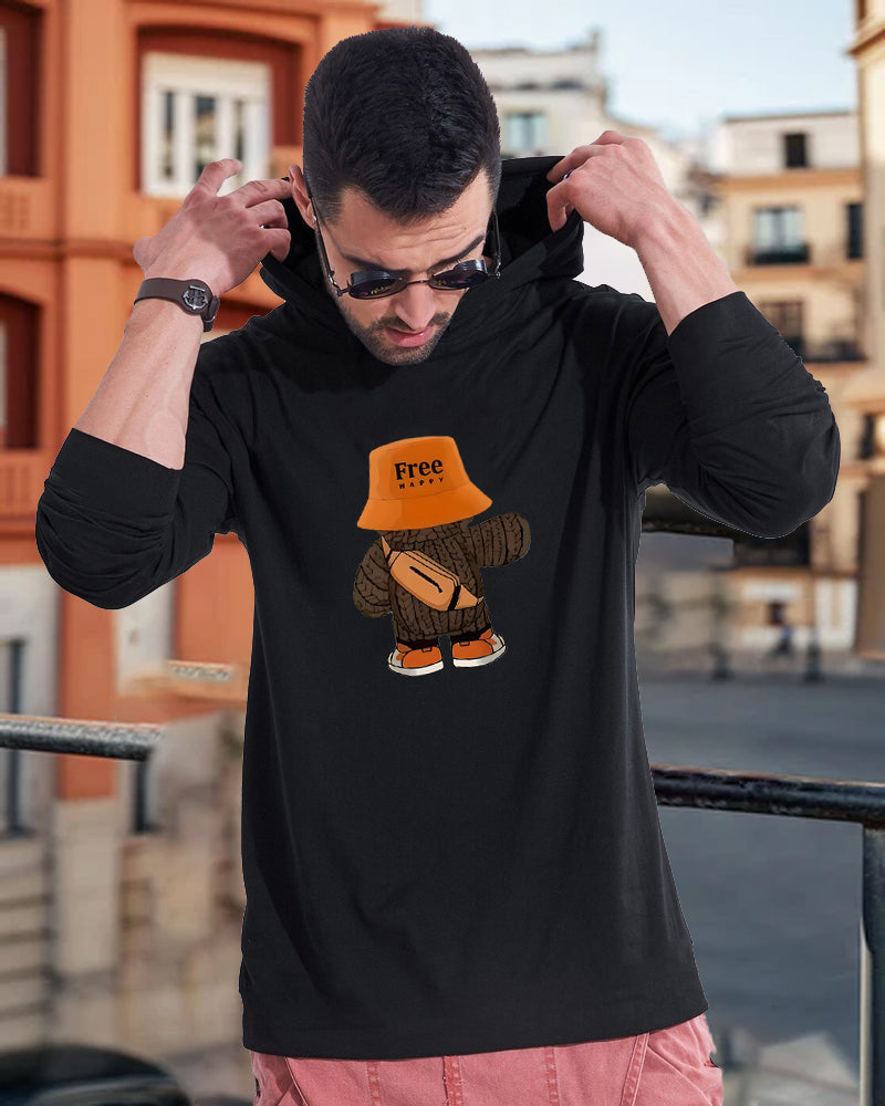 Black Hooded Free Happy Sleeve Round Neck Cotton blend Men's T-Shirt-FRONT