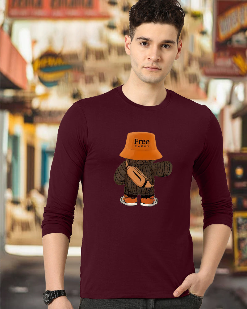 Maroon Full Free Happy Sleeve Round Neck Cotton blend Men's T-Shirt-FRONT