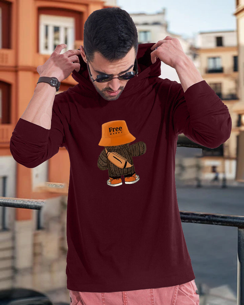 Maroon Hooded Free Happy Sleeve Round Neck Cotton blend Men's T-Shirt-FRONT