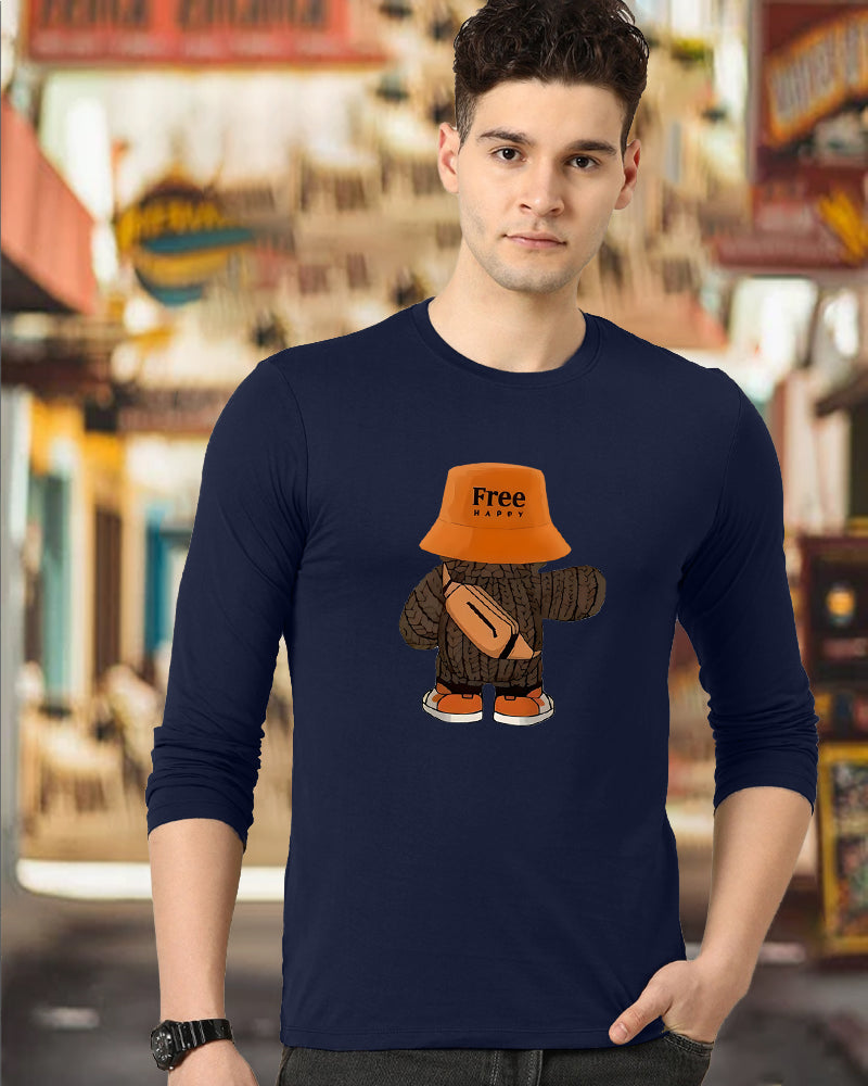 NAVY Full Free Happy Sleeve Round Neck Cotton blend Men's T-Shirt-FRONT