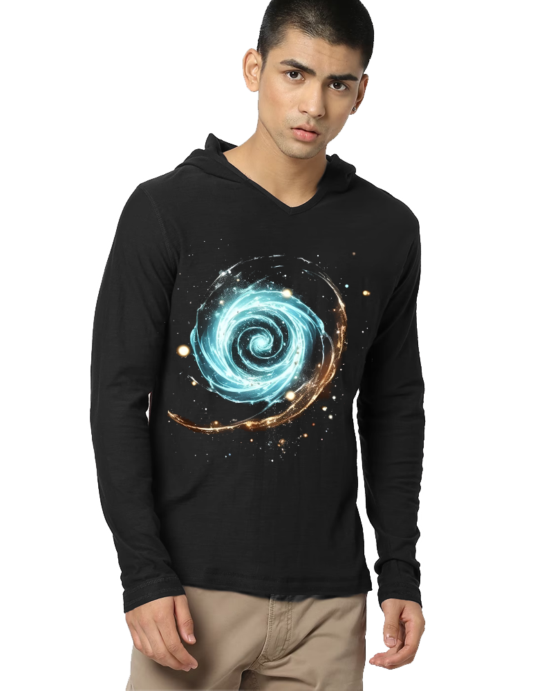 Black Hooded Vortex Sleeve Round Neck Cotton blend Men's T-Shirt-FRONT