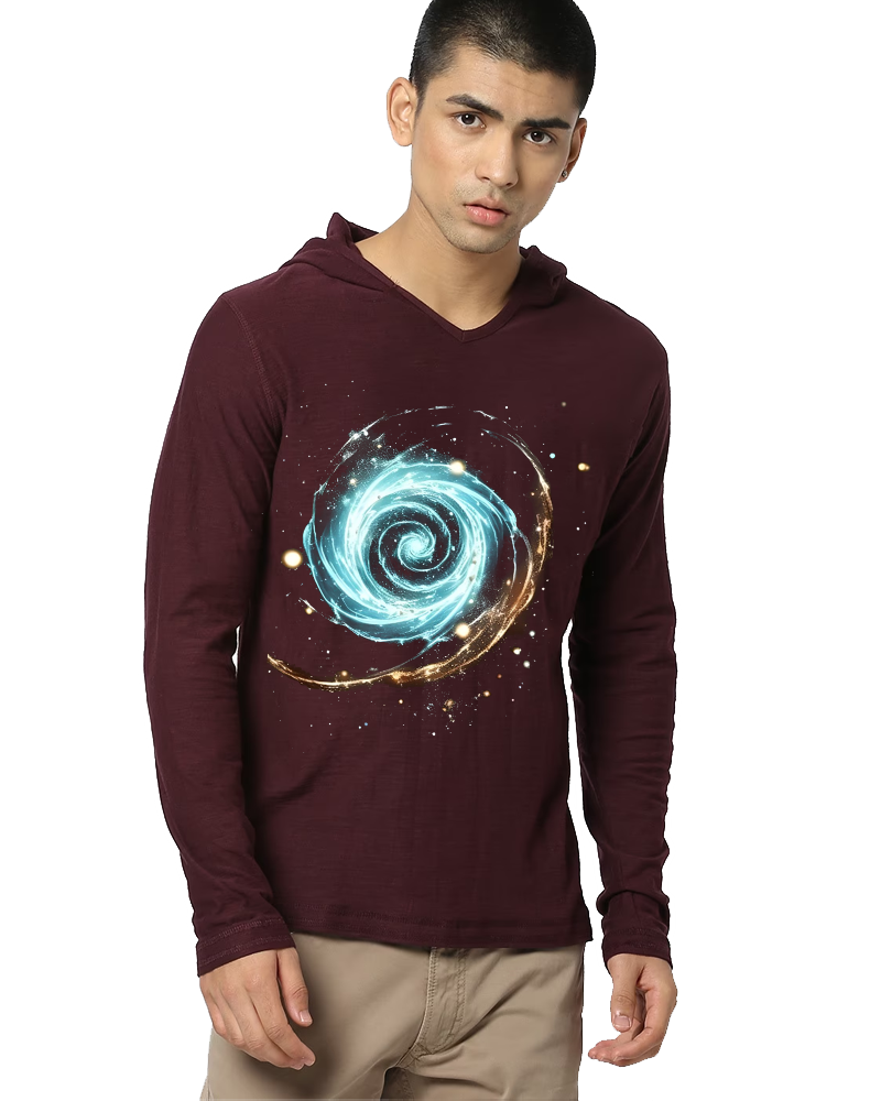 Maroon Hooded Vortex Sleeve Round Neck Cotton blend Men's T-Shirt-FRONT
