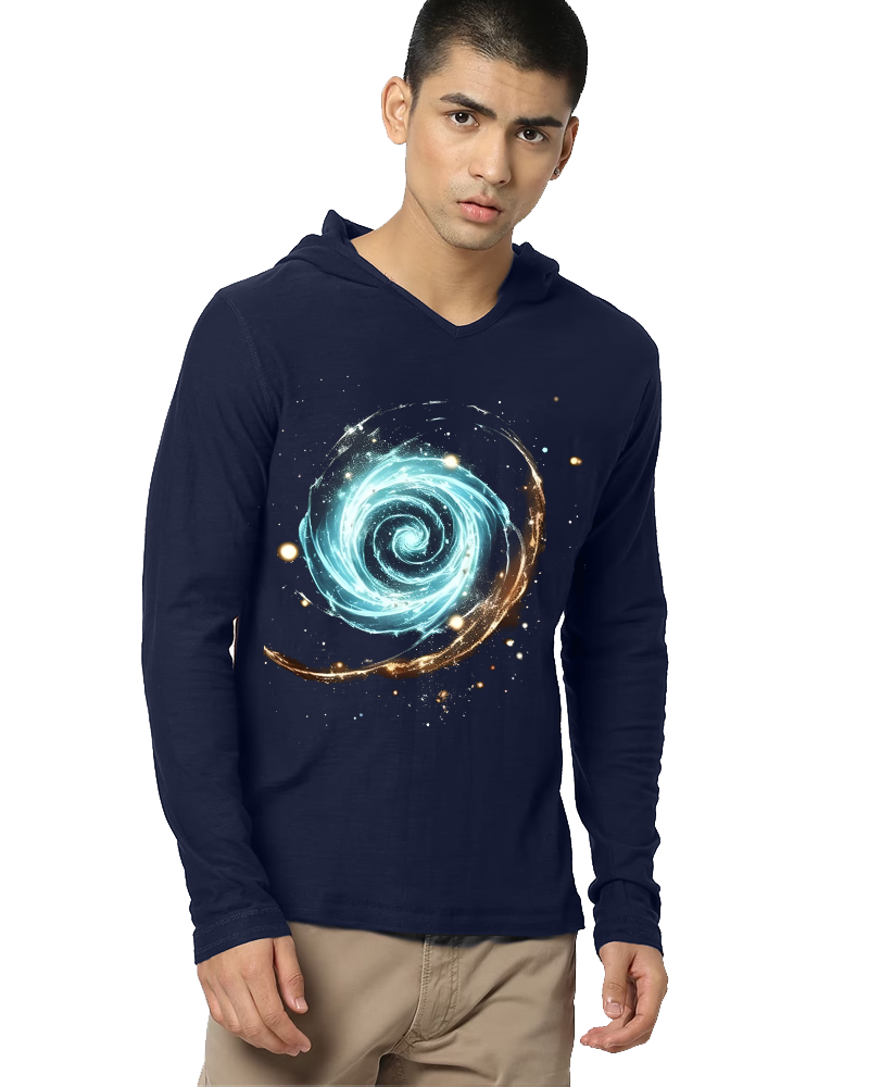 NAVY Hooded Vortex Sleeve Round Neck Cotton blend Men's T-Shirt-FRONT