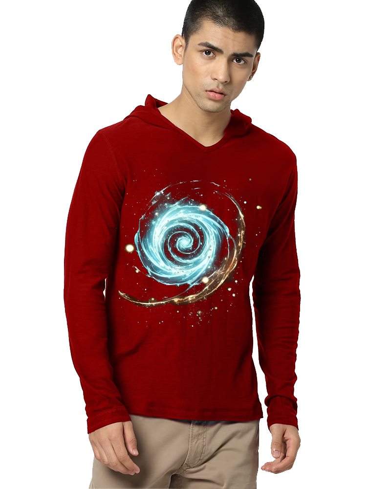 RED Hooded Vortex Sleeve Round Neck Cotton blend Men's T-Shirt-FRONT