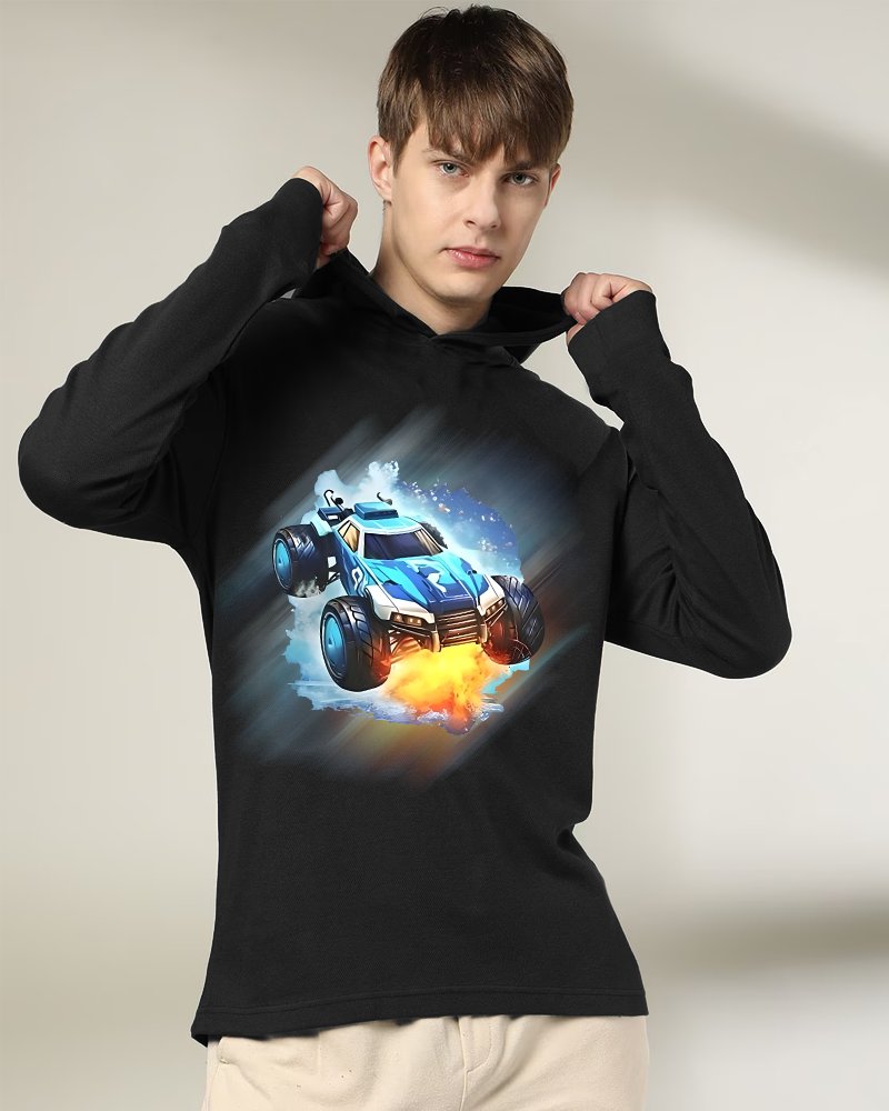 Black Hooded Car Sleeve Round Neck Cotton blend Men's T-Shirt-FRONT