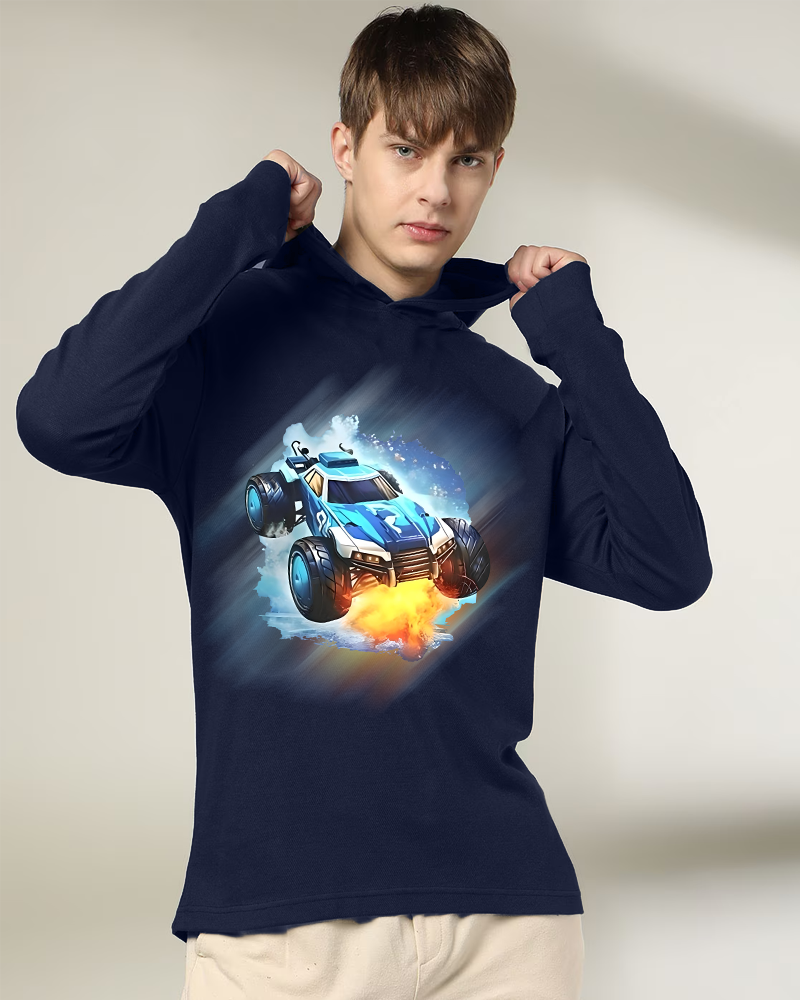 NAVY Hooded Car Sleeve Round Neck Cotton blend Men's T-Shirt-FRONT