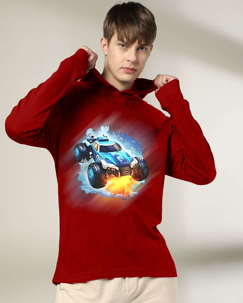 RED Hooded Car Sleeve Round Neck Cotton blend Men's T-Shirt-FRONT