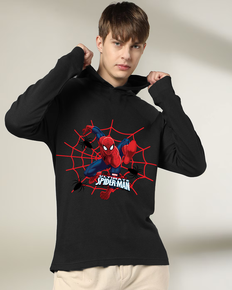 Black Hooded Spiderman Sleeve Round Neck Cotton blend Men's T-Shirt-FRONT